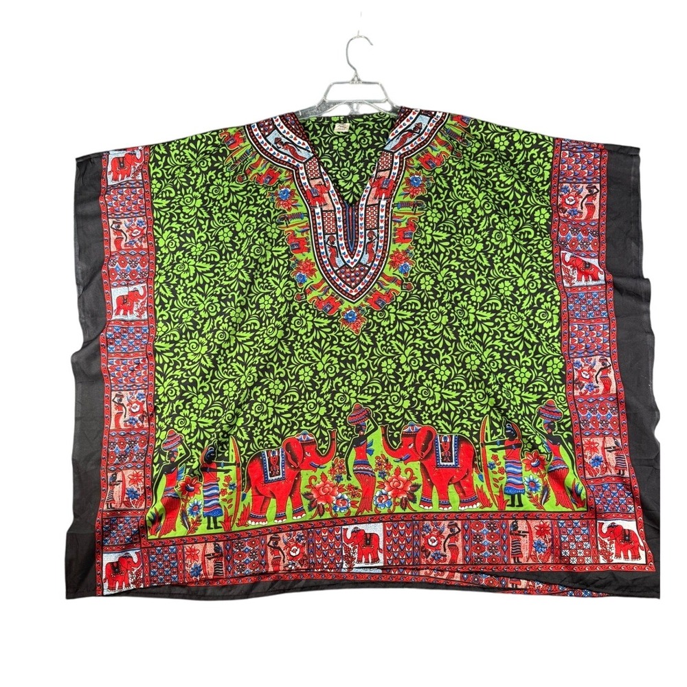 Ace Fashion Green Elephant Print Caftan Tunic Top One Size Boho Festival‎